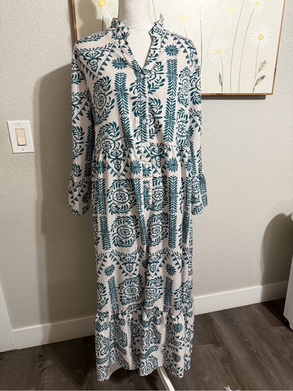 SHEIN White Maxi Dress with Teal Botanical Print